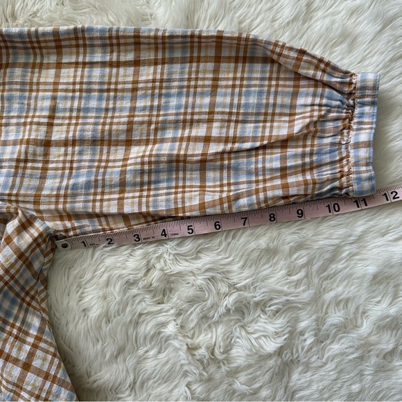 Free People Top Button Back Puff Sleeve Plaid Tan Blue S - Picture 10 of 10